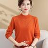 Mom's Embroidered Wool Sweater - Half-High Collar, Solid Color, Plus Size, Middle-Aged Women's Winter Knitwear
