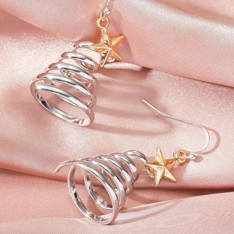 Moonfan 1 Pair Christmas Creative Multi-Layer Spring Five-Pointed Star Earrings, Fashionable Christmas Tree Stud Earrings