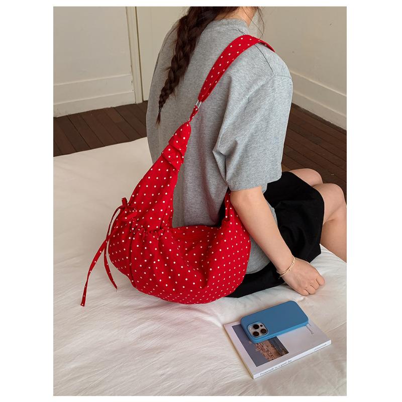 Cute Polka Dot Drawstring Crossbody Bag Korean Style Fashionable Shoulder Handbag Trendy Water Dumpling Bag for Women KTB