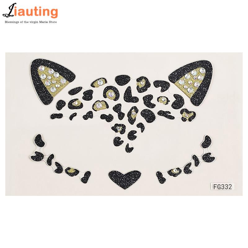 1PC 3D Face Tattoo Stickers Animal Cat Face Decor Temporary Tattoos Fake Tattoo Rhinestones For Woman Party Face Jewels Sticker