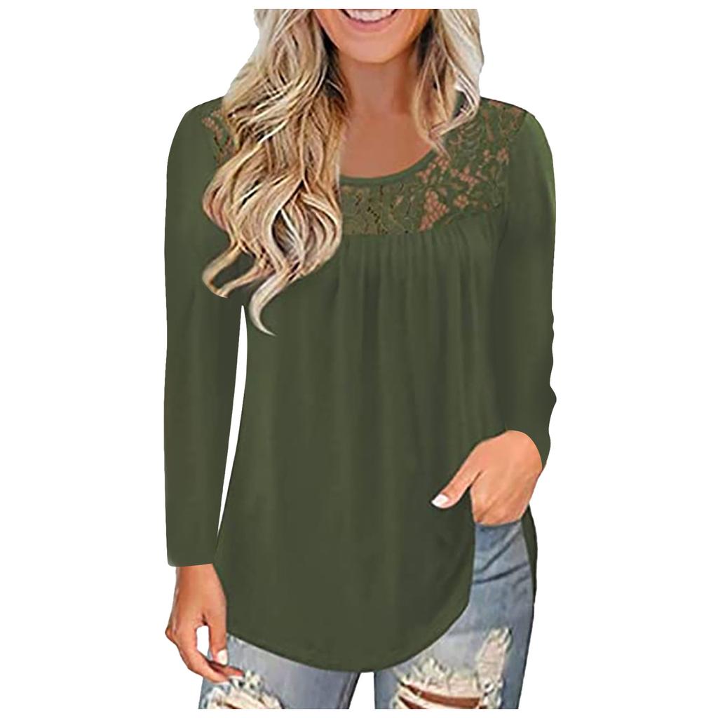 Women Fashion Lace Solid Splicing O-Neck Long Sleeve T-Shirt Blouse Tops