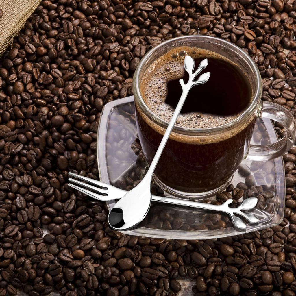 12pcs Stainless Steel Gold Leaf Coffee Spoon and Cake Fruit Forks Kitchen Accessory Wedding Party for Dessert, Salad, Appetizer, Spoon and Fork Set(6