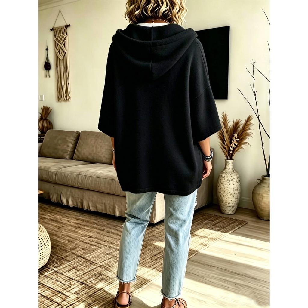 Women's Loose Seven Quarter Sleeves, Hooded Drawstring T-shirt, Batsleeved Top, Outerwear