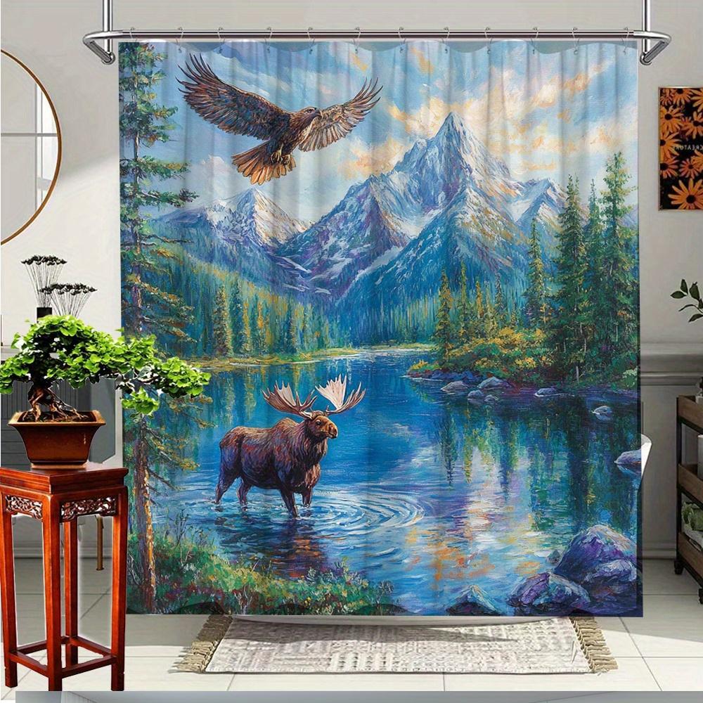 

1Pc Mountain Landscape Shower Curtain With Moose & Eagle Design - Vibrant Nature Scene Polyester Fabric, 70.8X70.8 Inch Bathroom W60H190(CM)-1 Pcs