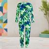 Women Plus Size Two Piece Set Round Neck Long Sleeve Tropical Leaf Printed Cuffed Top Cuffed Pants With Pockets