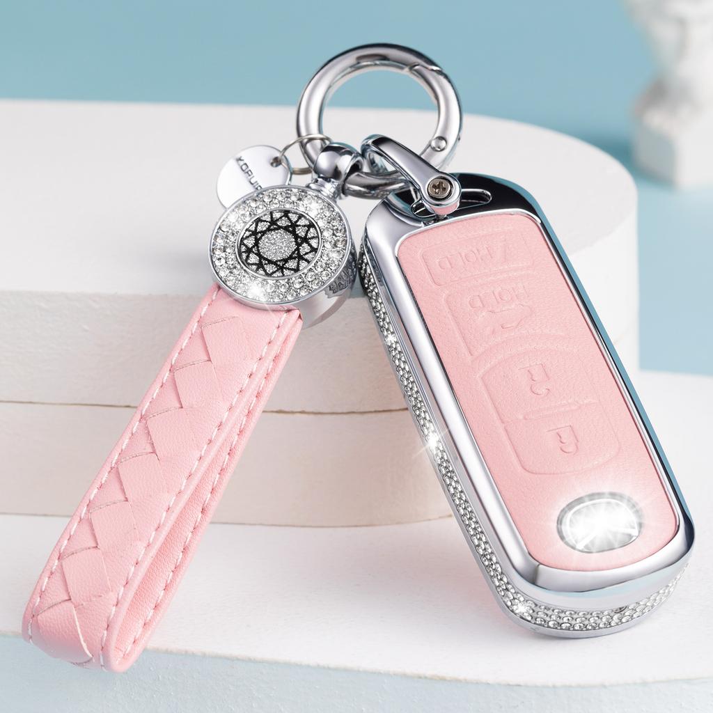 Key Fob Cover Compatible with Mazda, Pink Leather Crystal 360 Degree Protection Key Shell Case for Mazda 3 6 8 Miata MX-5 CX-3 C