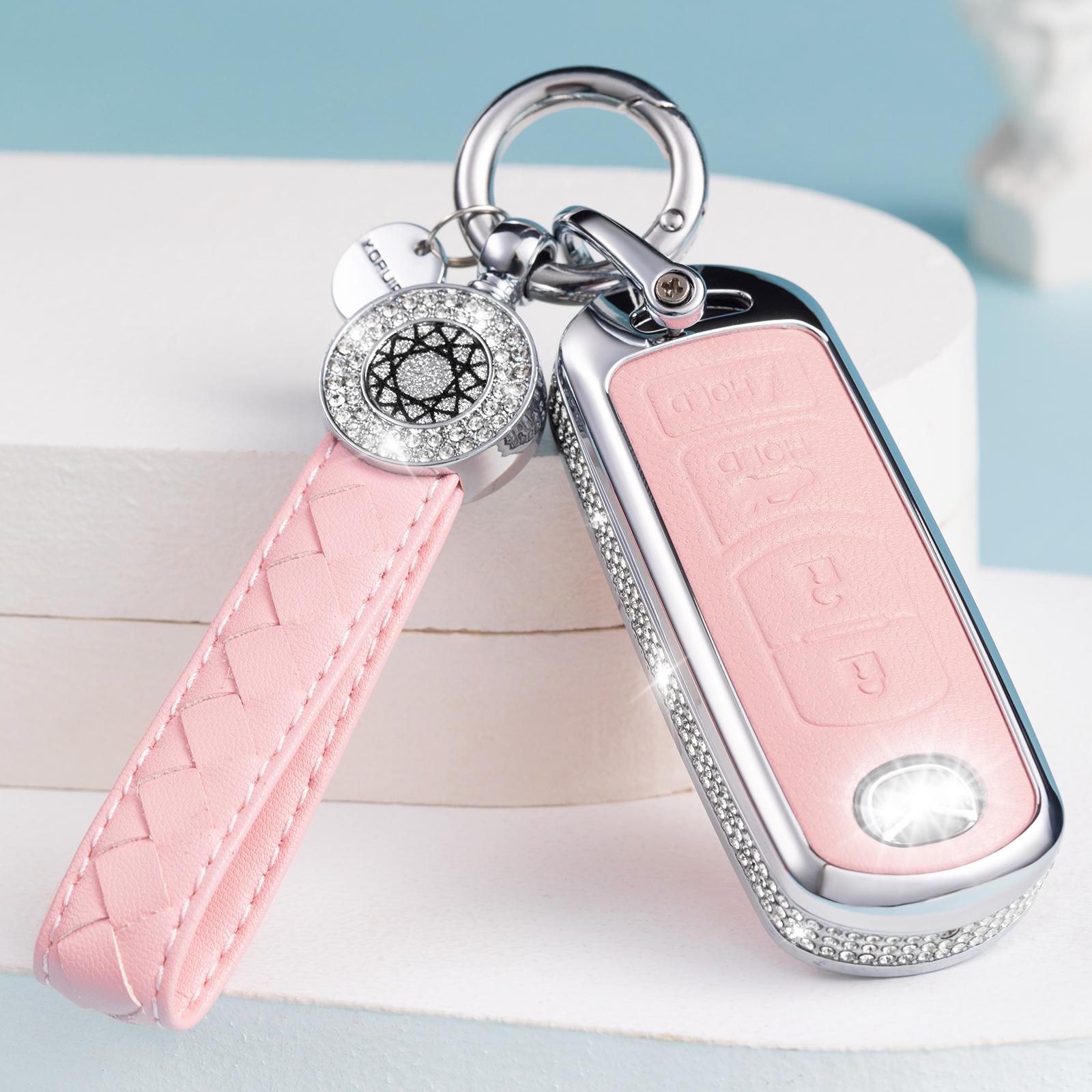 

Key Fob Cover Compatible with Mazda, Pink Leather Crystal 360 Degree Protection Key Shell Case for Mazda 3 6 8 Miata MX-5 CX-3 C