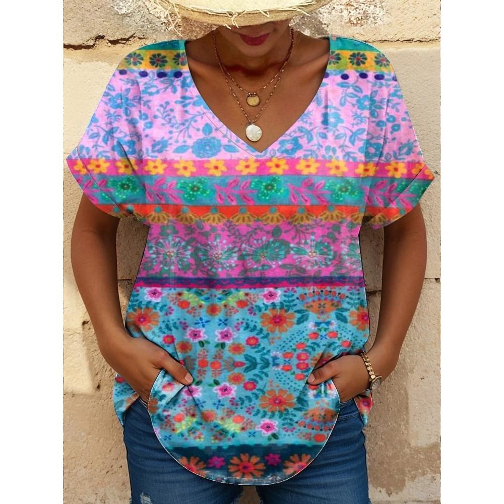 

Летняя новая женская футболка, футболка с коротким рукавом и V-образным вырезом с 3D цветочным принтом, женская модная футболка 3XL
