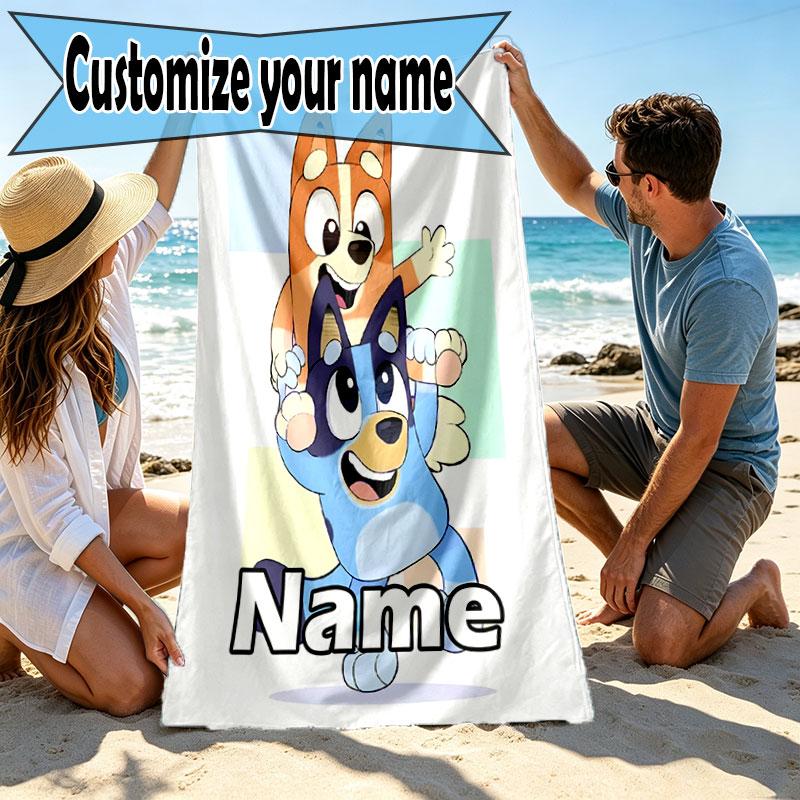Custom Name Personalized Bluey Print Beach Towel, for Trip Camping Beach Party Home Decor, Birthday Gift for Family & Friends