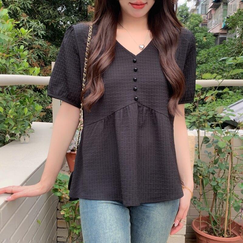 Korean Fashion Summer V Neck Blouse Women 2023 Sweet Short Sleeve Tops Elegant White Pleated Casual Loose Ruffles Shirts 26954