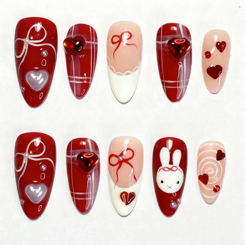 30-Piece Valentine s Day Almond-Shaped Heart Pearl & Rabbit Nail Art Set