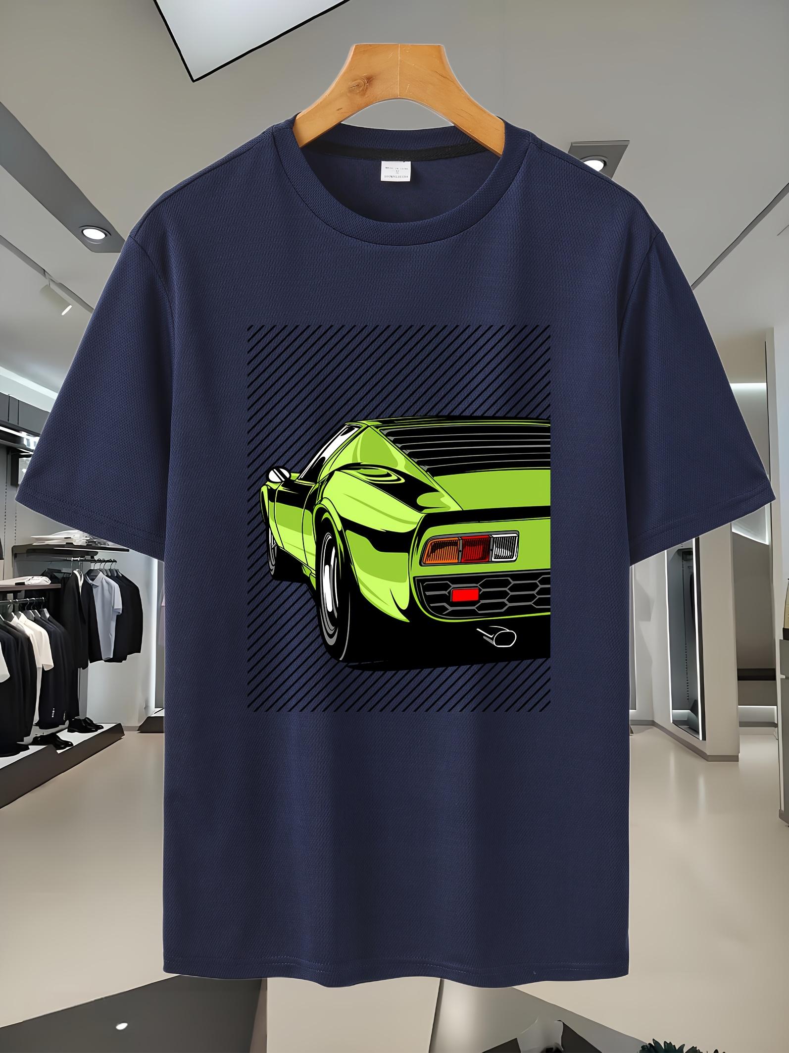 Sporty Casual Graphic T-shirt - Vibrant Green Sports Car Print on Navy Blue M