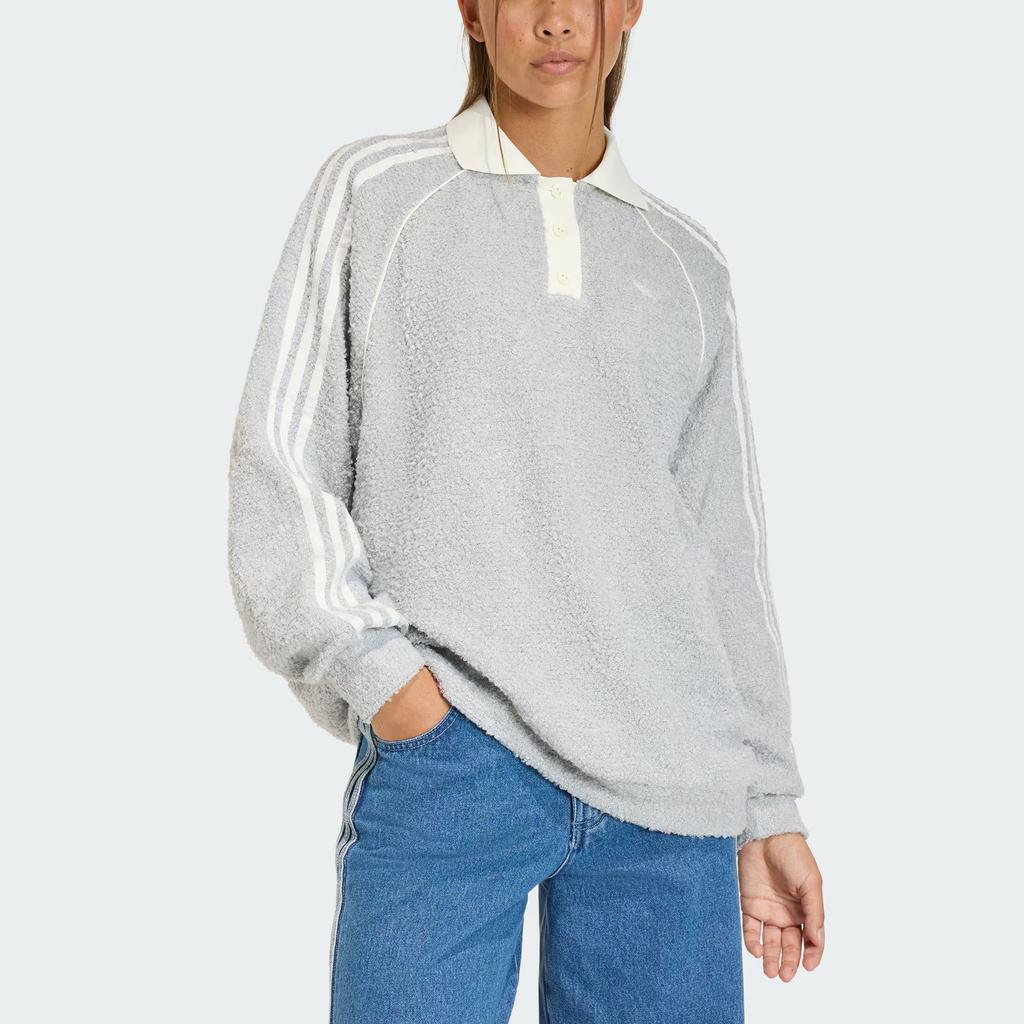 Adidas Originals FW25 Boucle Loose Fit Striped Long Sleeve Polo Shirt Women Tops KS7791