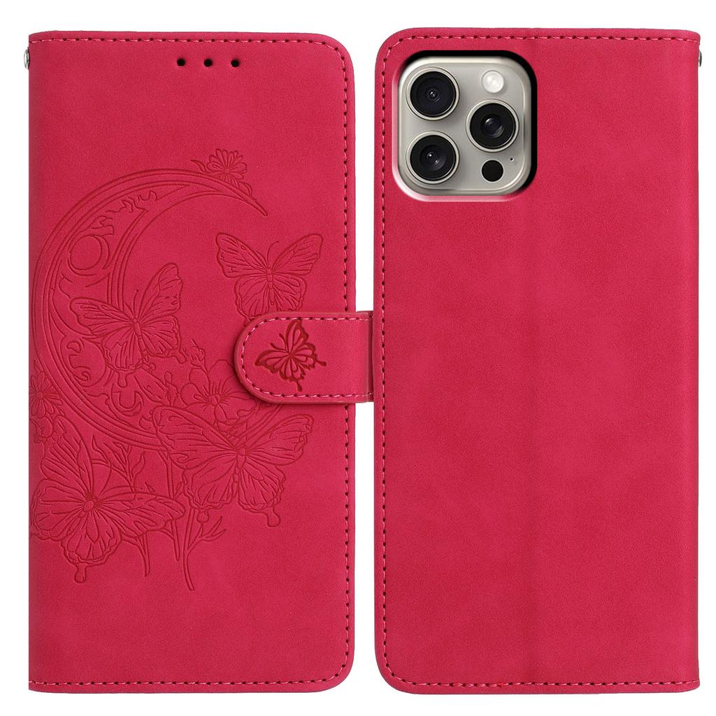 For iPhone 15 Pro Max Case Butterfly Flower Imprinted PU Leather Wallet Stand Phone Cover