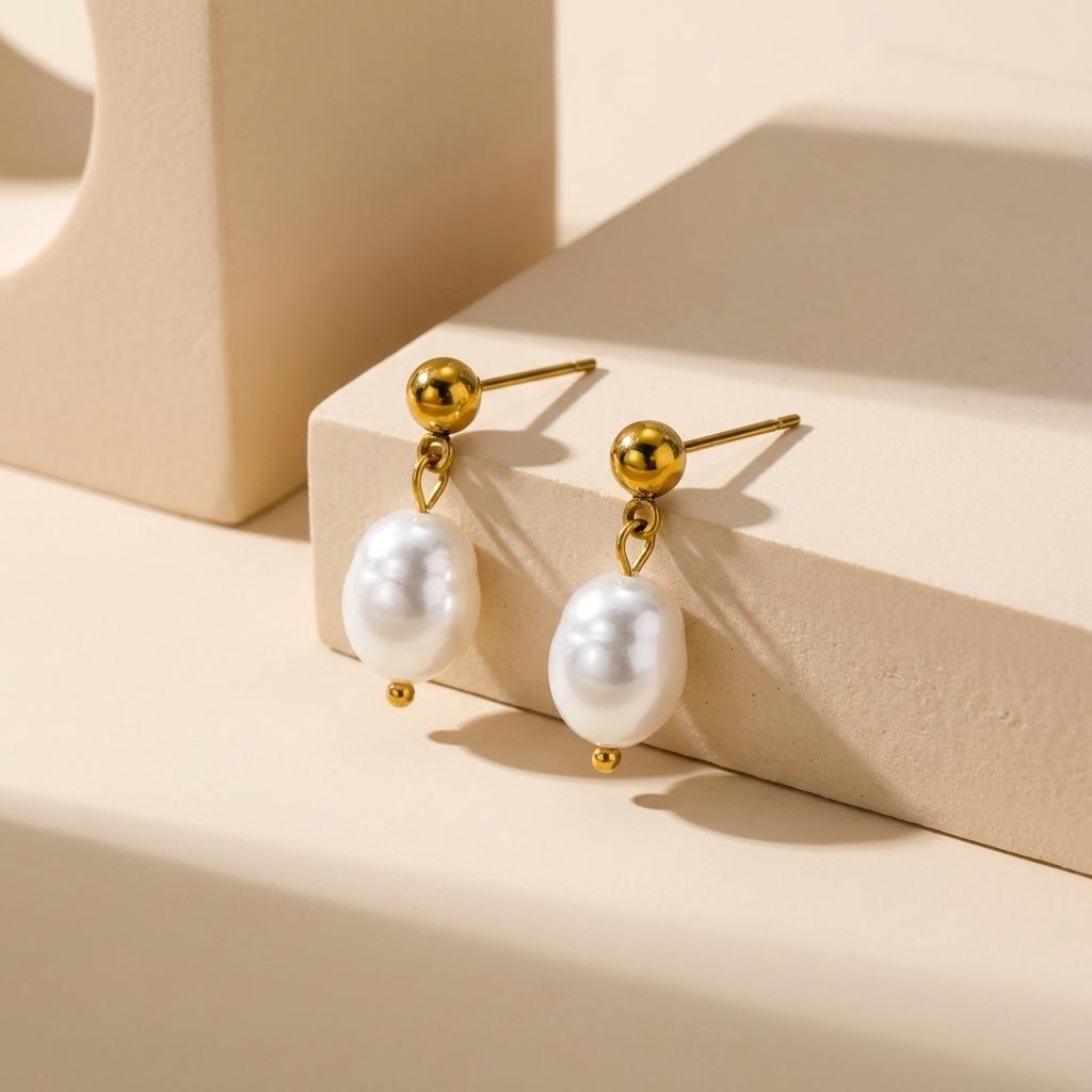 Dainty Stainless Steel Ball Stud Pearl Dangle Earrings for Women Vintage Luminous Warm Glow Clean Fit Aesthetic Jewelry Gifts