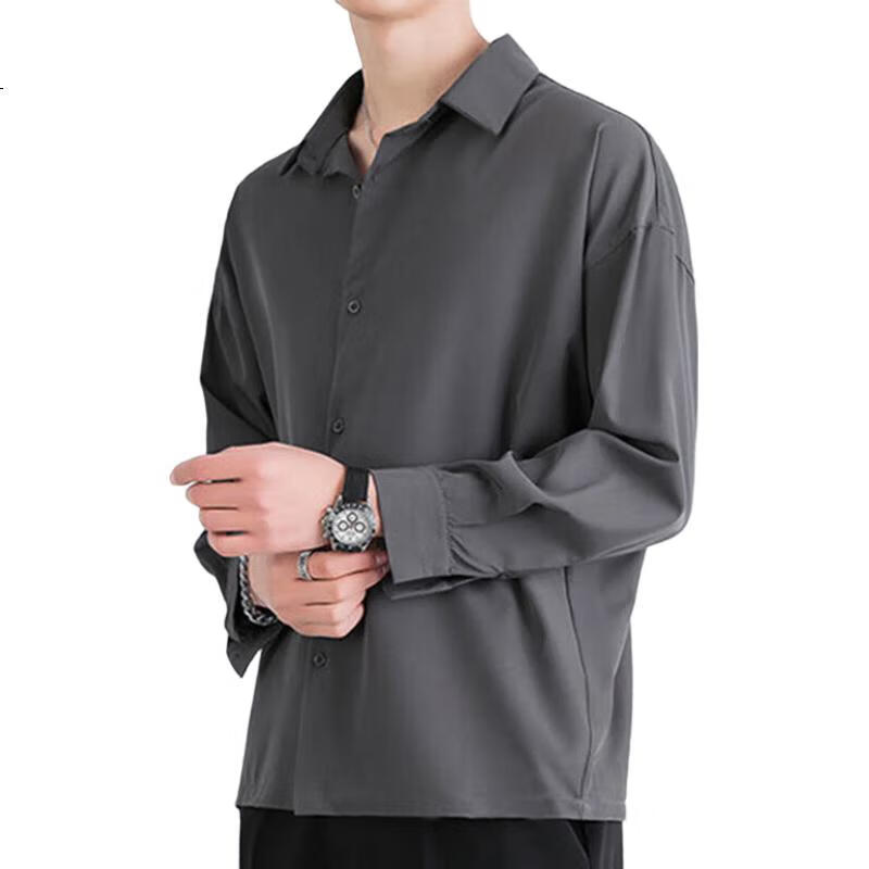 VANCAMEL Langarmhemd für Herren, Lockeres Freizeit-Oberteil für Herren, einfarbige Kleidung im koreanischen Stil, Schwarz, 2XL