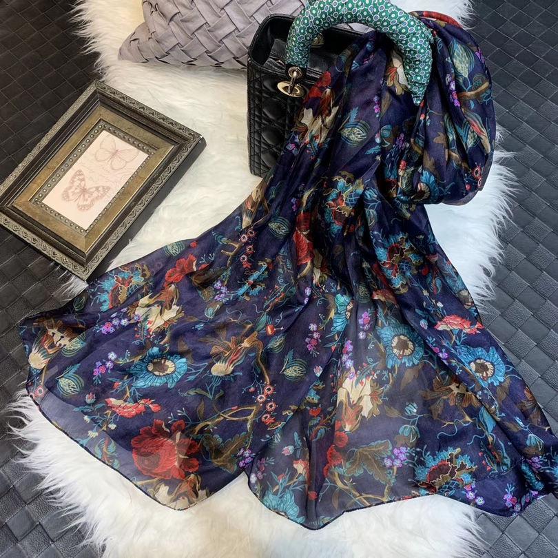 Winter Fashion Women'S Scarf Mulberry Silk Scarves Shawl Female Long Silk Scarf Blue And Coffee 180*110Cm