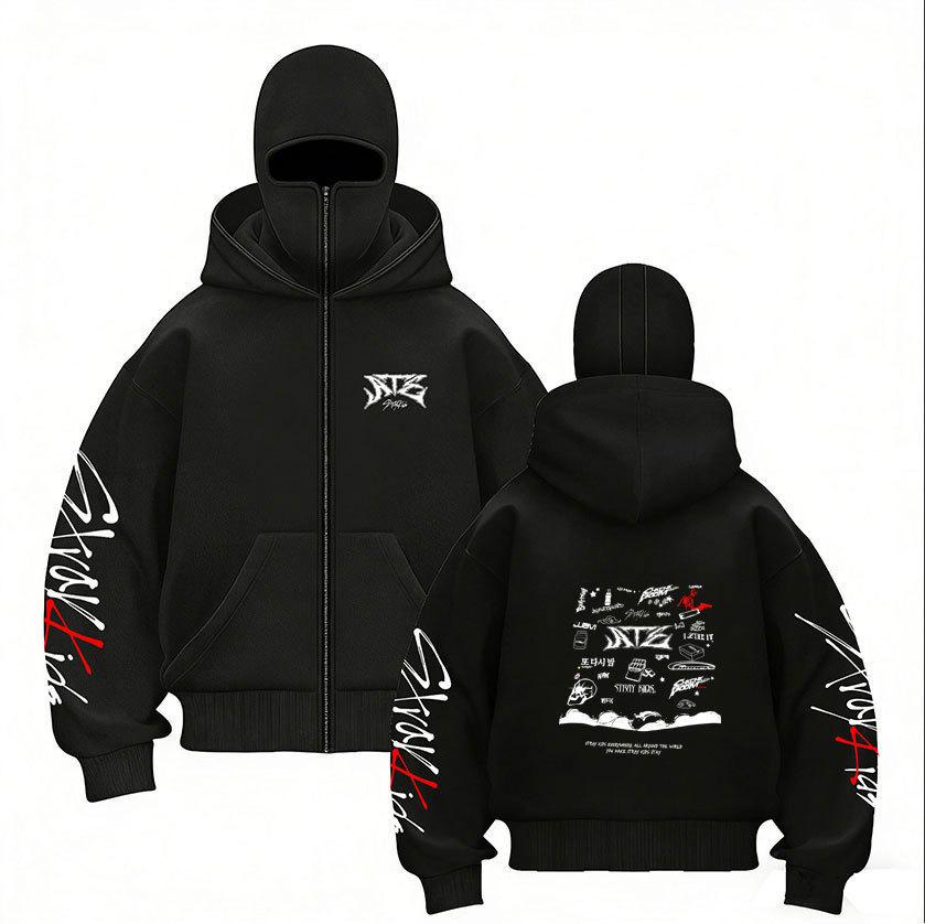 Stray Kids Skz Harajuku Printed Stray Kids Double Hood Zip-Up, Harajuku Print SKZ Hoodie for STAY Two-hat Zip-up Shirt for Men and Women
