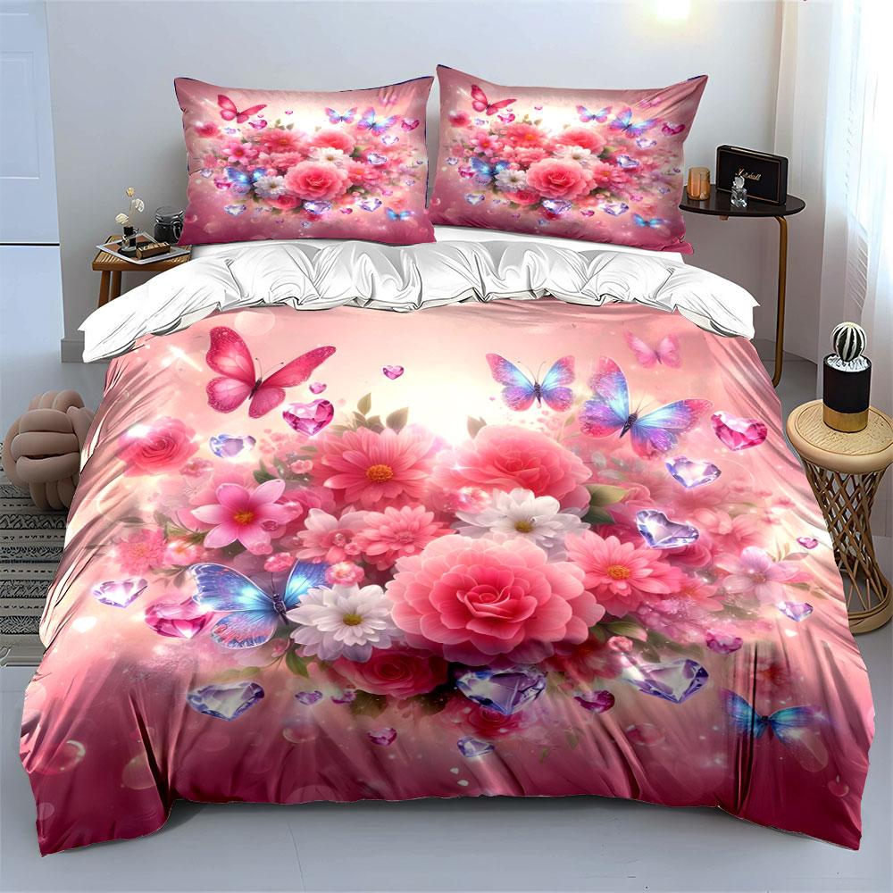 "Floral Butterfly Decorative Set" Bedding Set with 1 Duvet Cover 2 Pillowcases Single Double King Queen, Gift