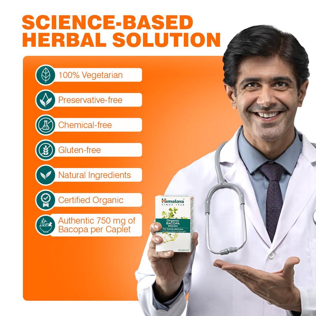 Himalaya Organic Bacopa (Brahmi) I For Mental Alertness I Improves Memory Score by 30%* I 100% Natural I Pack of 3 X 30 Capletsp