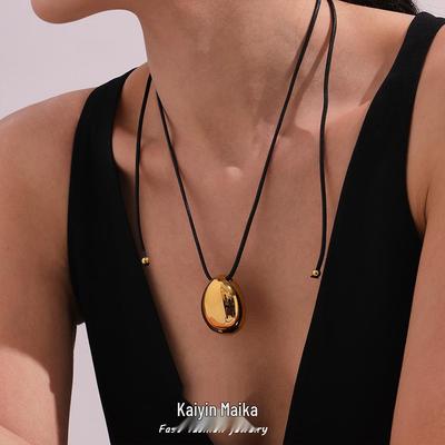 Oumika Geometric Pendant Necklace: High-Polished Stainless Steel with Black Cord, Clavicle-Length, Non-Fading, European & American Style.