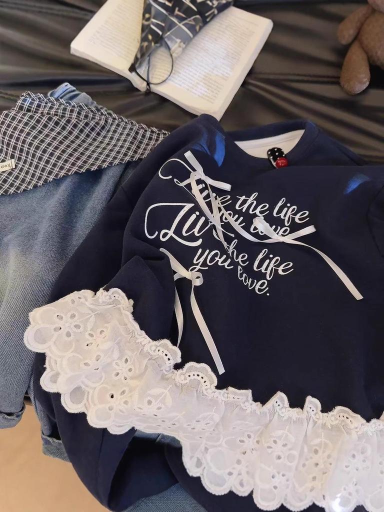 Herbst-Spitzen-Schleife Mädchen Langarm Koreanischer Stil Sweatshirt