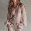 Women's Light Pink Floral Print Long Sleeve Shirt Low Neck Lace Trim Ruffle Bell Sleeve Blouse