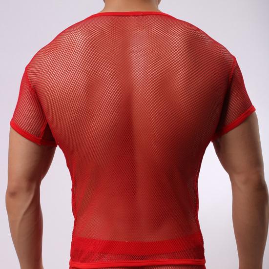 Men V-Neck Color Short Sleeve Hollow Tops Breathable Casual Style Tops