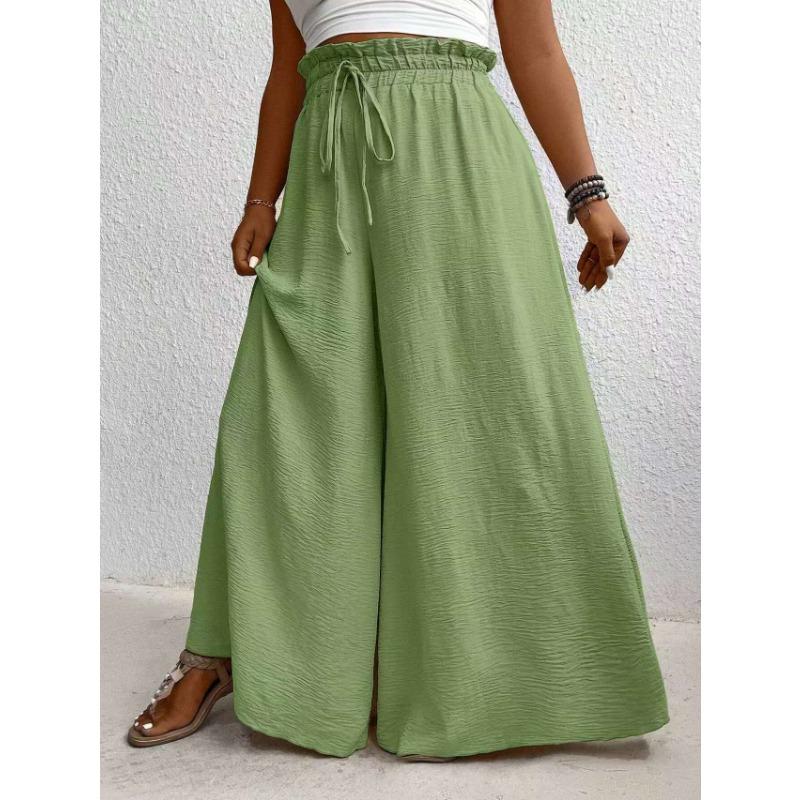 Women Casual Loose Drawstring Mid Waist Solid Color Wide Leg Long Pants