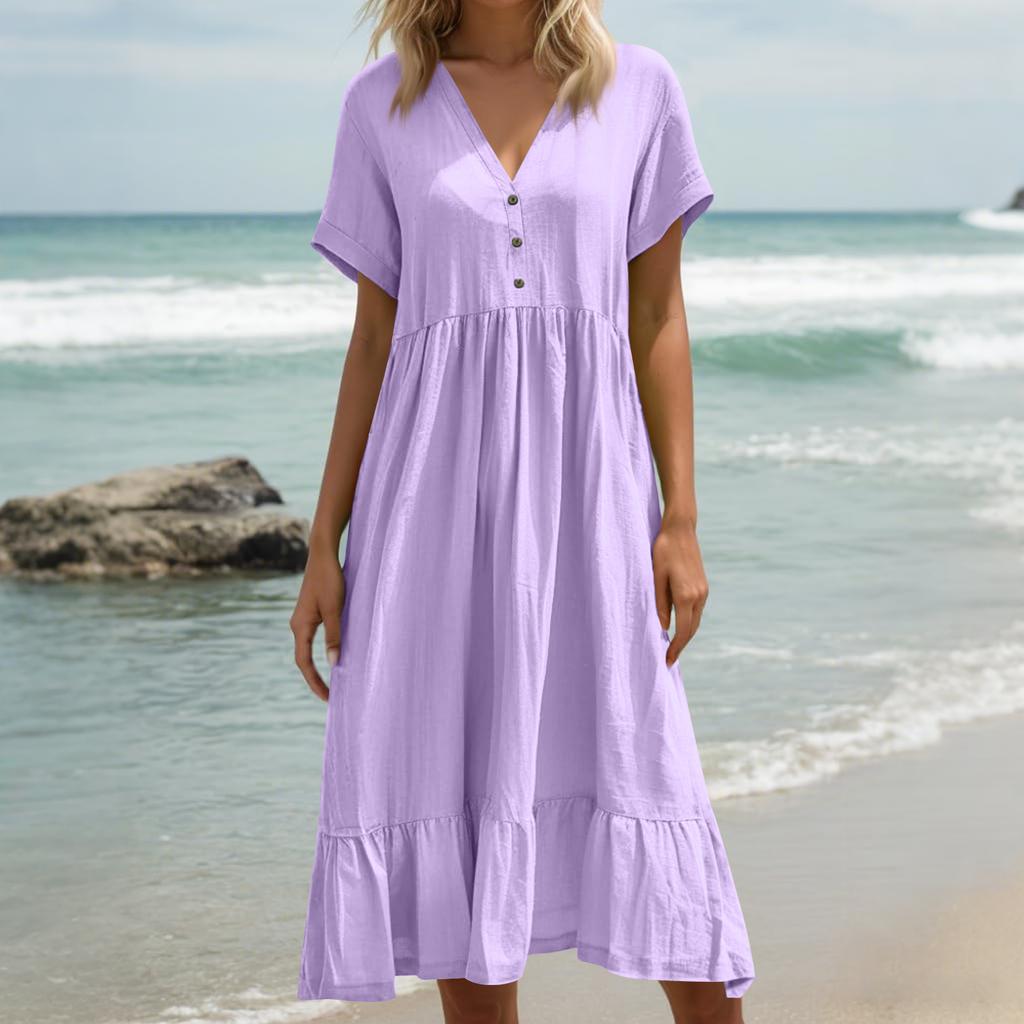 Women's Summer Loose V Neck Short Sleeve Dress, Elegant Dress