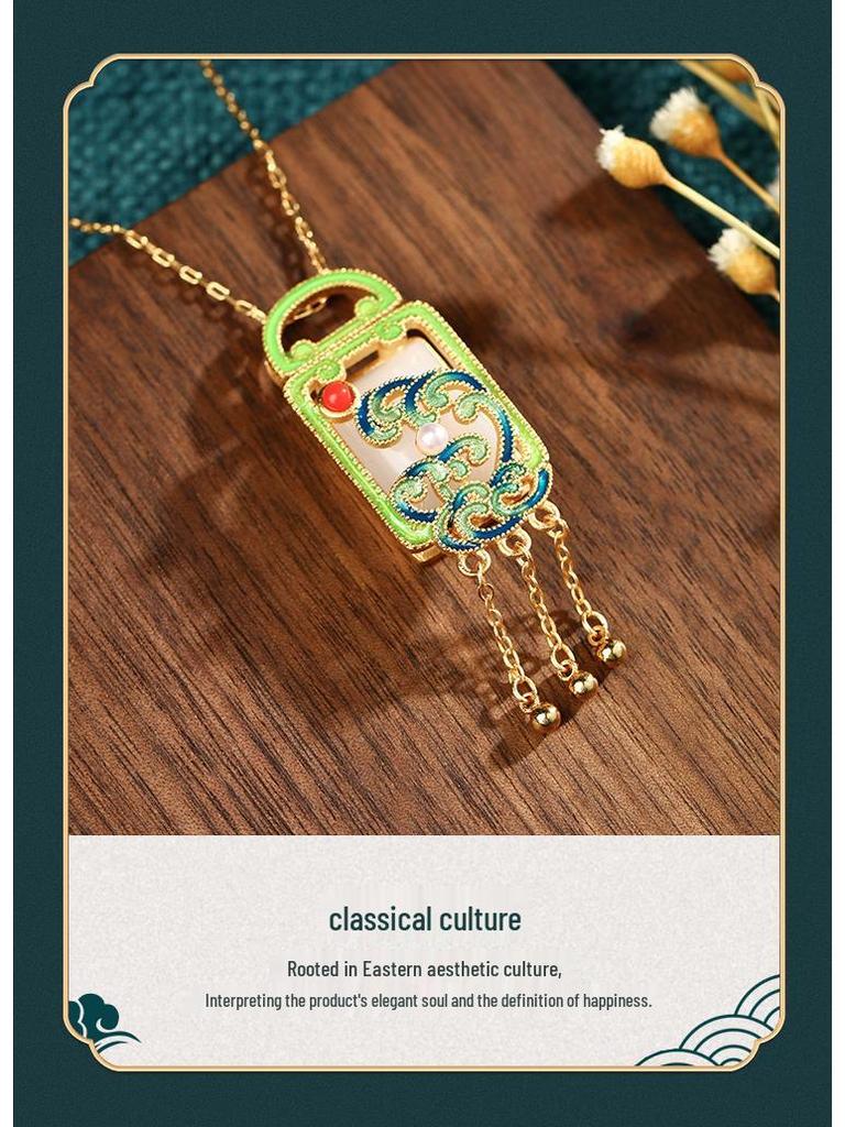 Guochao Court-Style Cloisonné Enamel & Imitation Hetian Jade Ruyi Tassel Necklace
