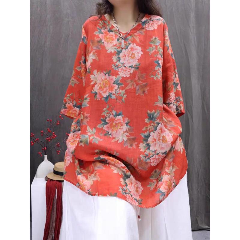 2026 Artistic Retro Shirt Dress: Casual Loose Mid-Sleeve V-Neck, Mid-Length Large