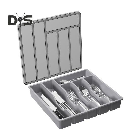 Kitchen Flatware Utensil Holder with Lid 6 Compartments Drawer Countertop Chopstick Spoon Fork Cutter Cutlery Storage Box Covered Organizer Tray