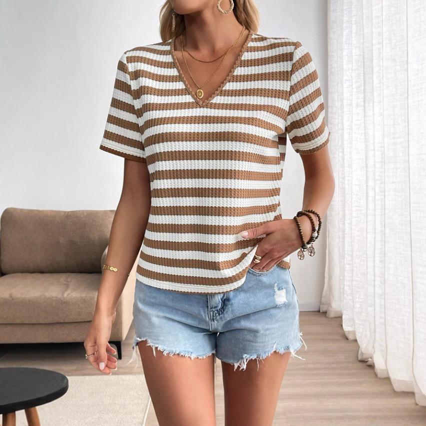 Ladies Summer Short Sleeve V Neck Striped Pullover Knitted T Shirt Top