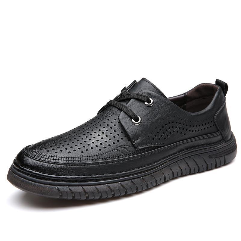 2025 Summer Men's Lace-up Soft Leather Casual Men's Shoes Hollow Rubber Sole Hole Shoes Hundred Towers Breathable Leather Sandals