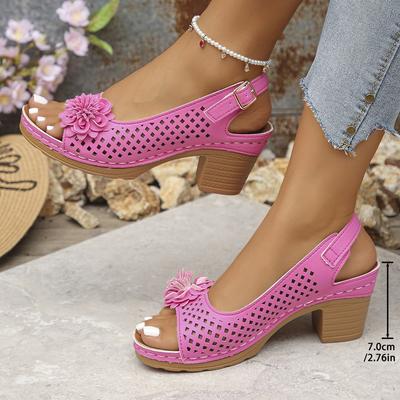 Fashion Flower Decor Square Heel Sandals Women Hollow Out Breathable Slingback Sandals Woman Summer Comfort Casual Beach Shoes