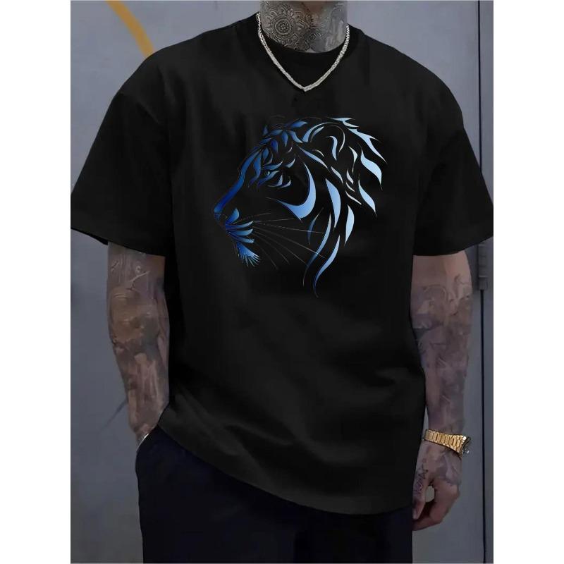 

Мужская черная футболка с ярким синим принтом льва | Эластичная дышащая ткань, прочный топ с круглым вырезом для городской моды и повседневной одежды S чёрный