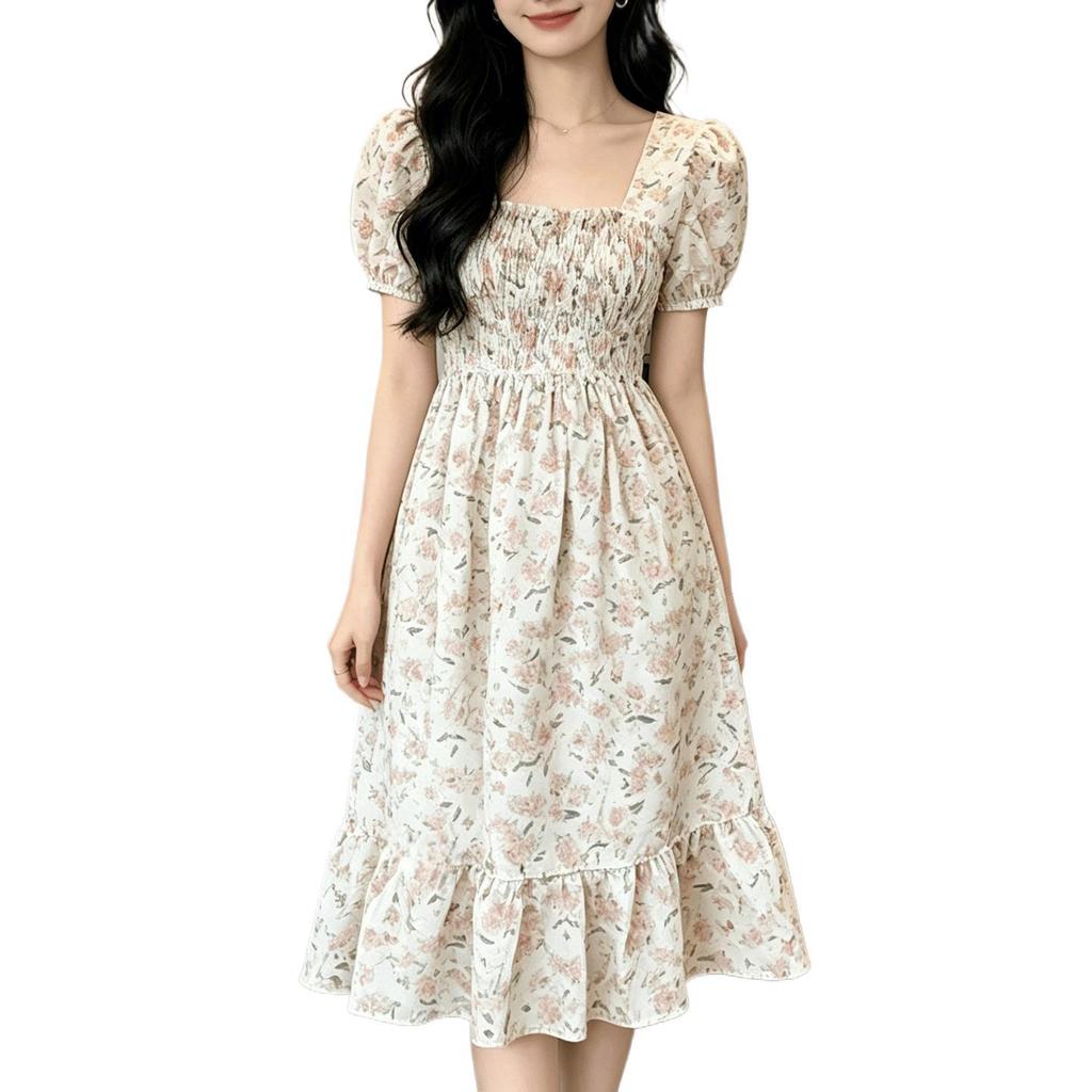 Retro Style Chiffon Square Neck Floral Pleated Dress Women's Summer Wholesale High Waist Medium and Long A-shaped Skirt