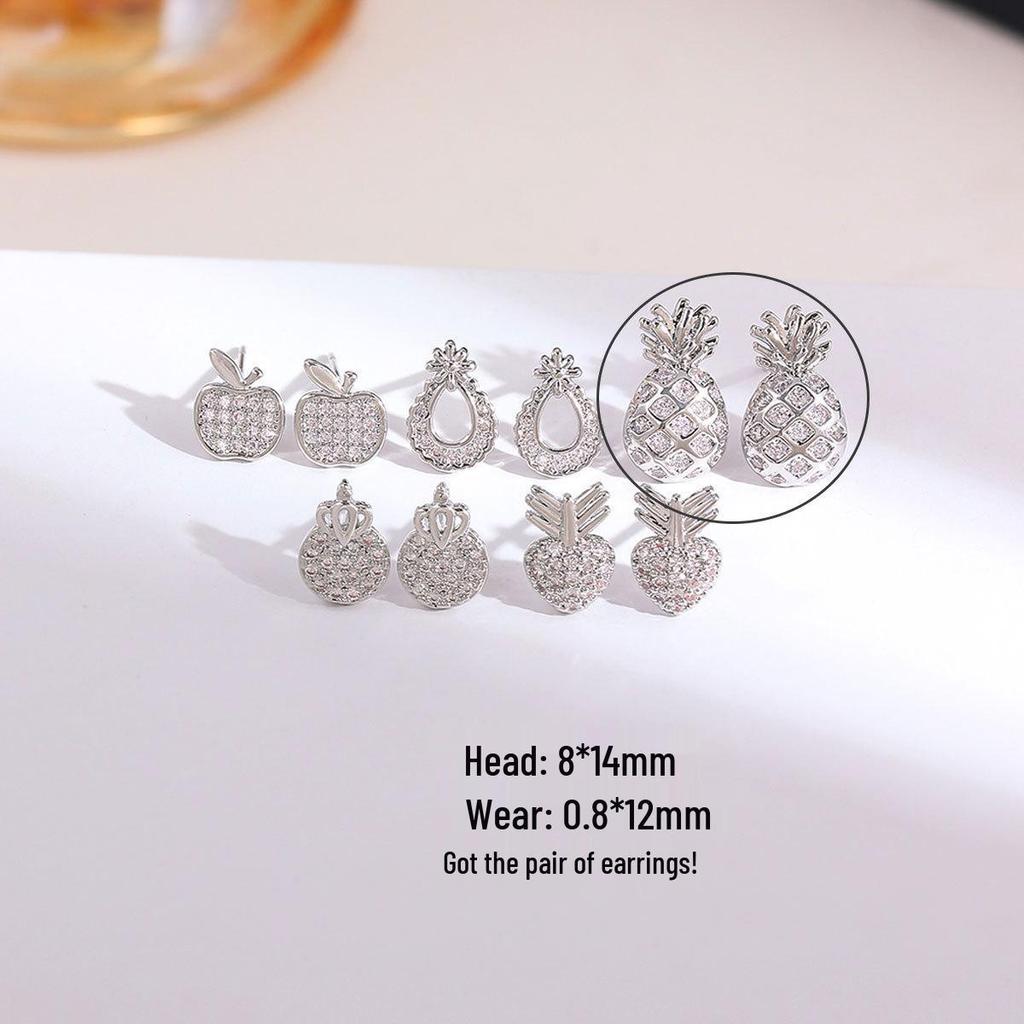 High-Grade Copper & Gold Plated Earrings: Diamond-Studded Apple, Pineapple, Crown, Pear Designs for Women