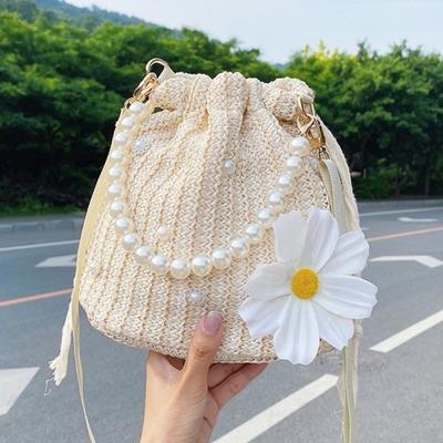 Little Fresh Flower Woven Bag Pearl Chain Tote Holiday Wind Beach Crossbody Bucket Bag