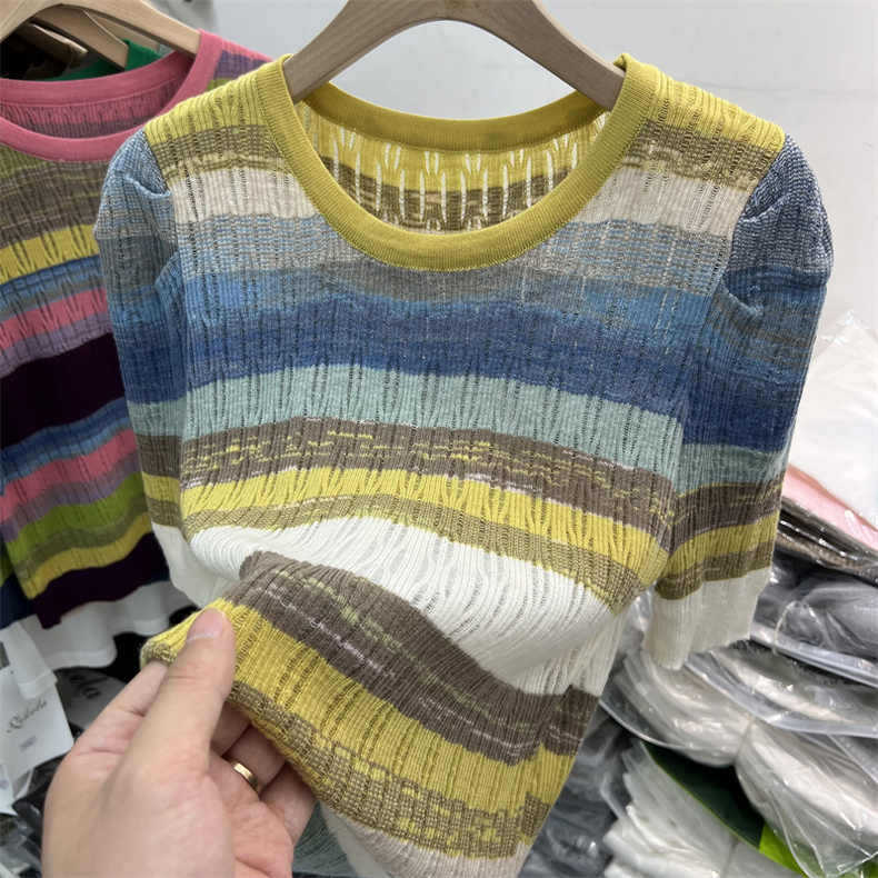 

Жіноча літня футболка з короткими рукавами, тонкий розріз, порожнистий трикотажний одяг, короткі рукави, топи, повсякденні светри, тонкий крой, футболки One Size жовтий