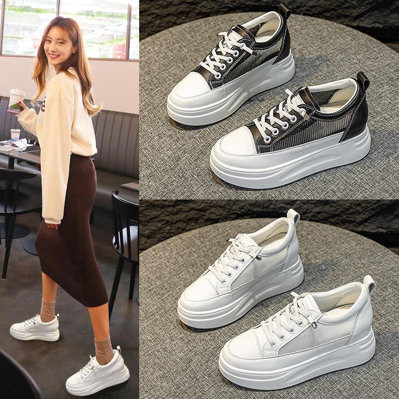 Little white shoes women's thick soles increase in height, small people show long legs, new models 8 casual shoes, genuine leather single shoes