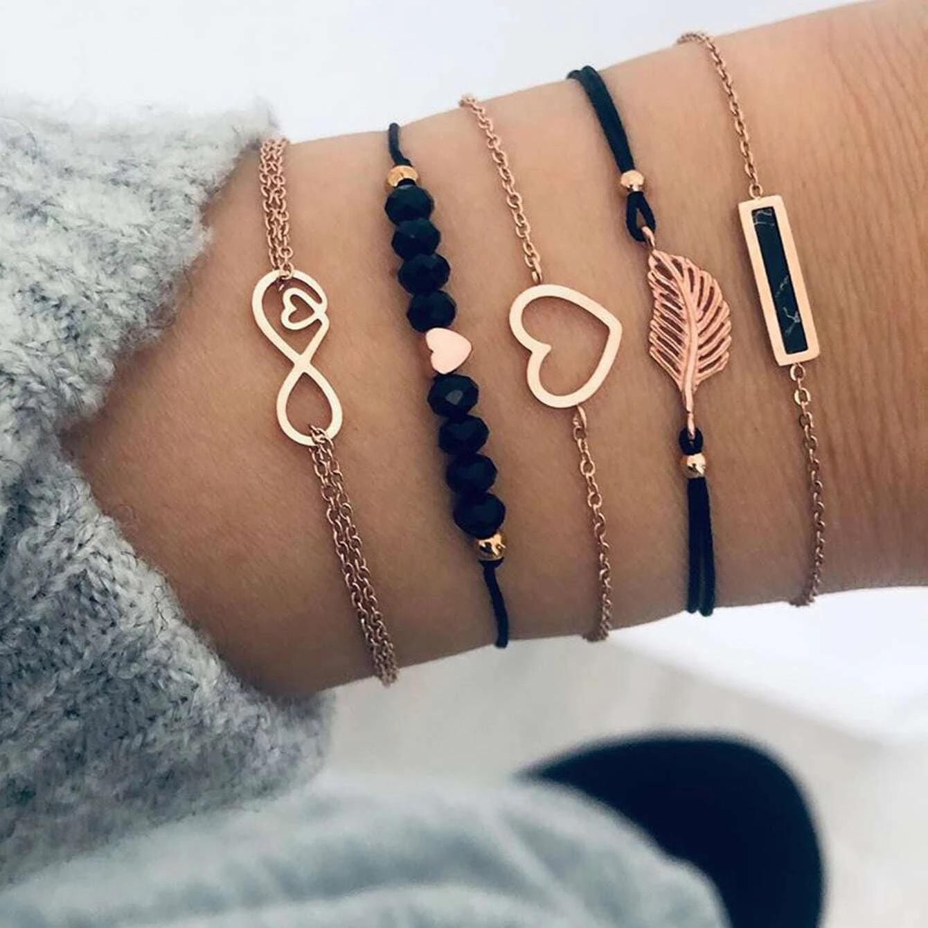 

Браслет из 5 частей с черным геометрическим квадратным листом, 8 символов, браслет Love из веревки с ручной резьбой золотой