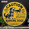 D Flat Round Aluminum Metal Warning Sign Rustic Yellow Barking Dog Caution Wall Art