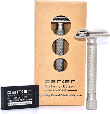 Parker Men's Double-Edged T-Shaped Razor (5-Level Adjustment for Mild or Close Shaves / 5 Replacement Blades Included) for Shaving and Facial Use (10c