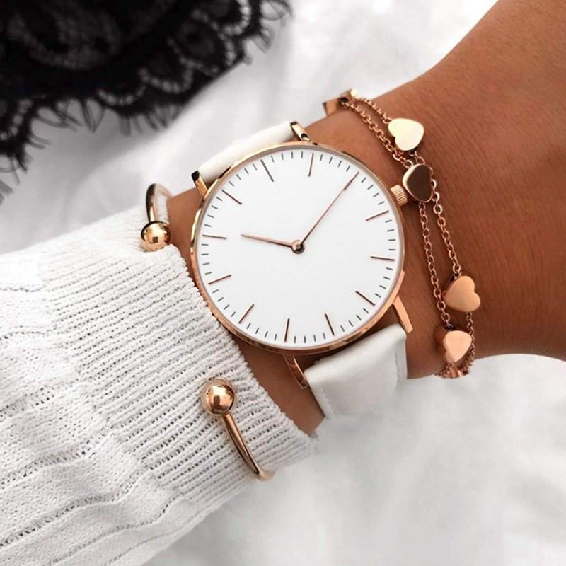 Simple Elegant Watch for Women  Pink White Leather Watchband Dress Lady Wrist Watches Casual Female Clock  Montre Femme