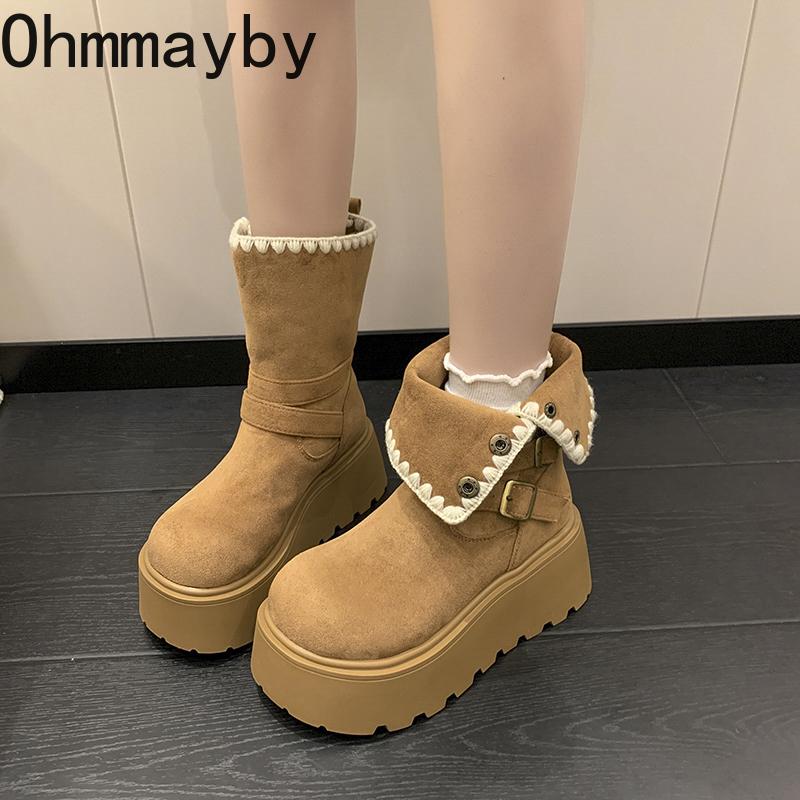 Winter Fashion Chunky Women Ankle Boots Height Increase Women's Short Plush Shoes Female Belt Buckle Platform Short Booties
