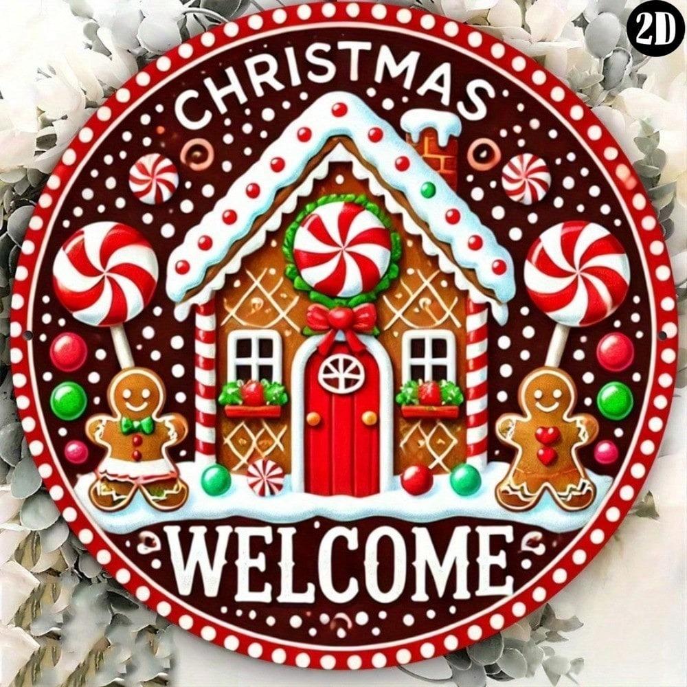 Festive Gingerbread House Metal Wall Sign Christmas Welcome Door Decor Red White Holiday Home
