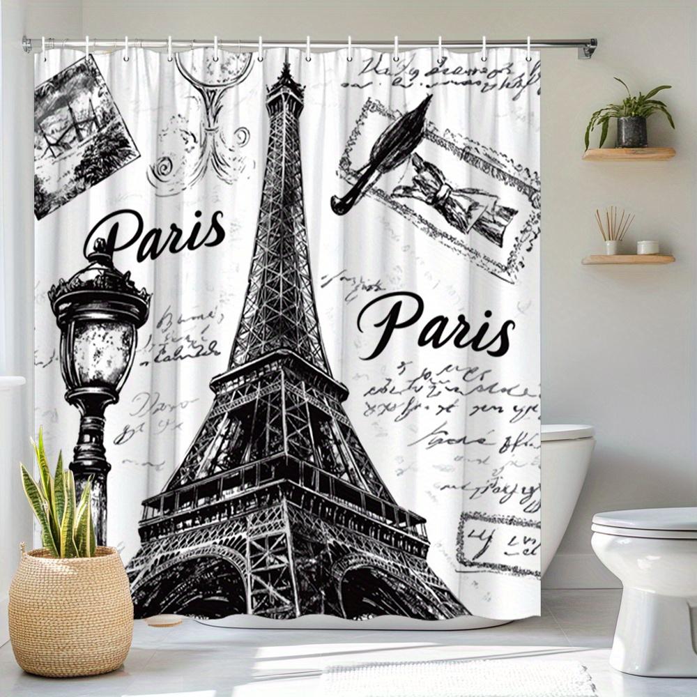 Textile Article Black/White 1Pc Paris Sketch Shower Curtain With Eiffel Tower, Vintage Lamp & Romantic Couple Design - & Cursive Text On Polyest