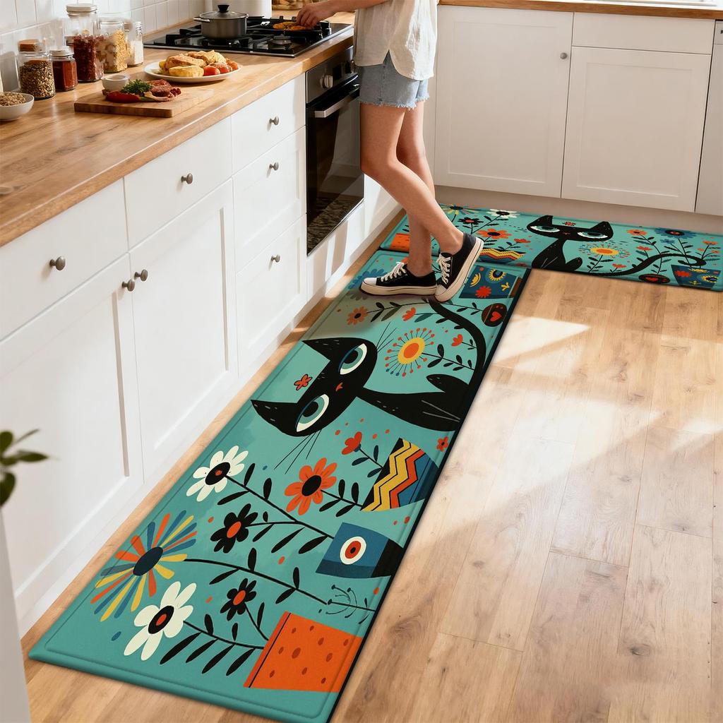 1Pcs Anti Fatigue Kitchen Rugs Black Cat Colorful Bowl Print Waterproof Non Slip Thick Cushioned Kitchen Mat Heavy Duty Comfort
